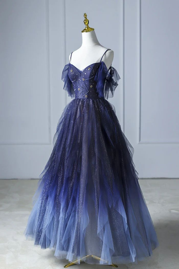 Beautiful Blue Gradient Tulle Long Prom Dress, Spaghetti Strap Evening Dress HZ1023
